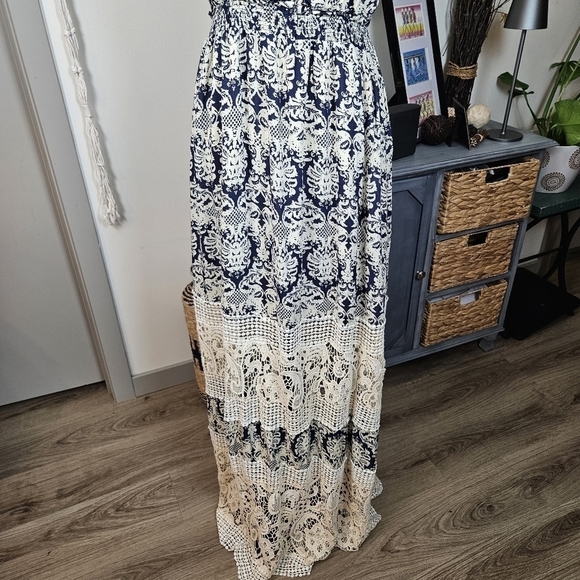 Sundays in Brooklyn Sing-The-Blues Away Nude Lace Maxi Dress Sz L boho - Picture 3 of 12